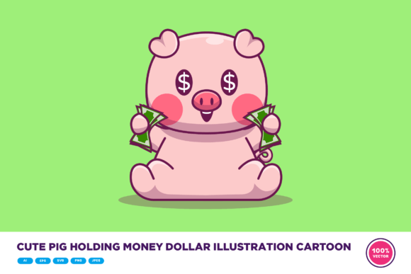 Cute Pig Holding Money Dollar Cartoon